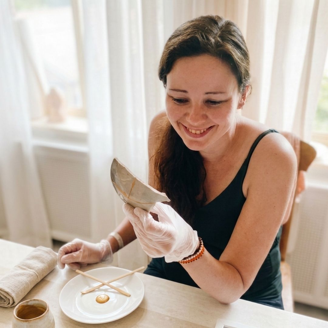 Deelnemer aan een Kintsugi workshop van Slow Creative werkt met gebroken servies en goudlijm
