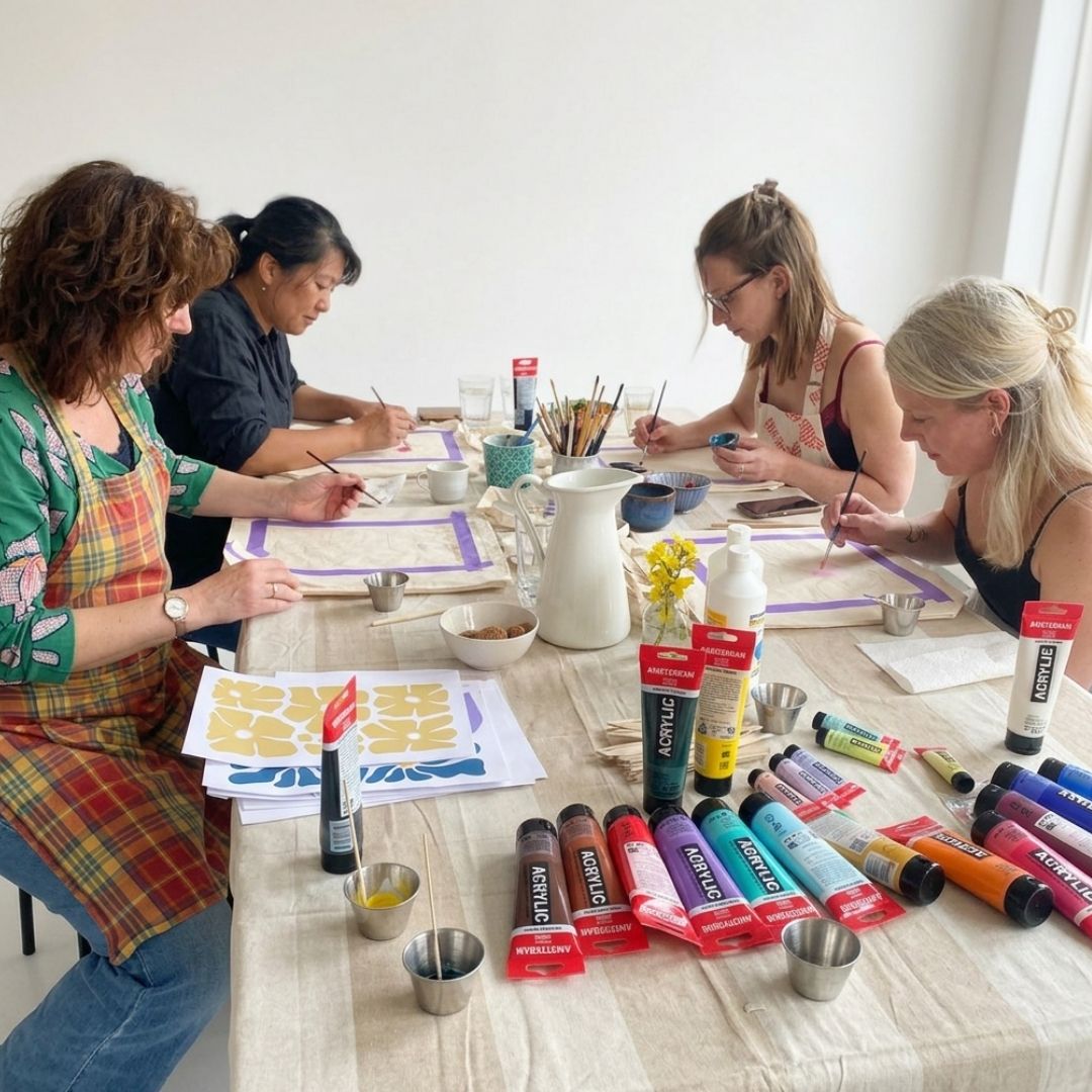 Deelnemers schilderen samen hun eigen katoenen shopper tijdens een ontspannen creatieve workshop van Slow Creative